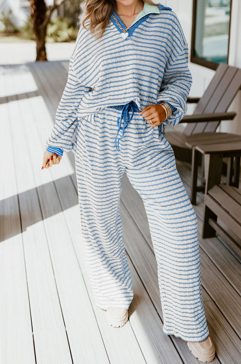 Striped Johnny Collar Pullover Drawstring Wide Leg Pant Set